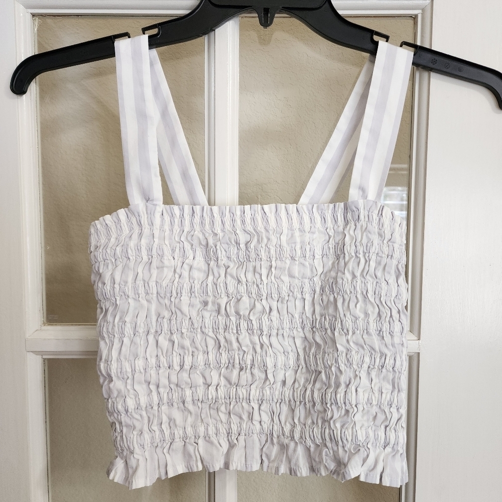 J.Crew White Gray Stripe Smocked Crop Top XS Cotton Tank BI479